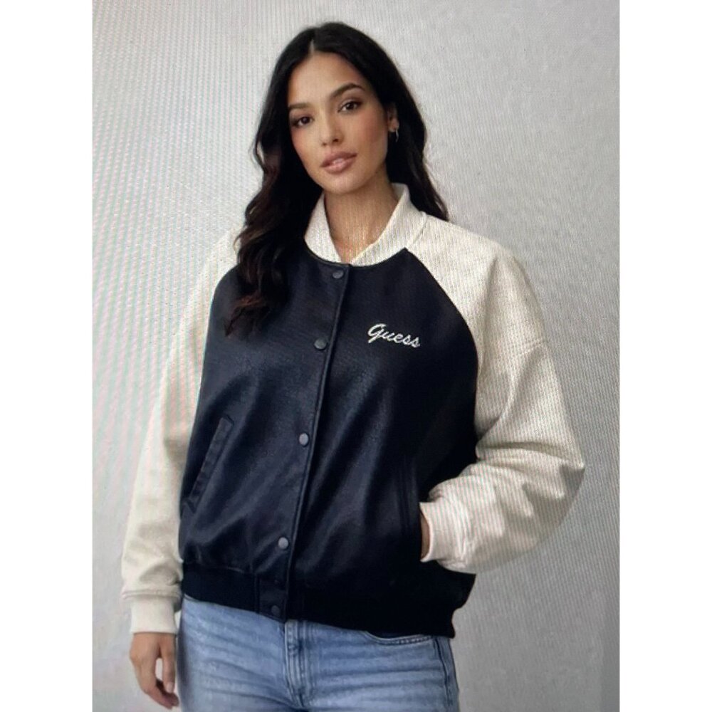 Guess Azira PU Bomber Jacket Black & Cream XL With Tags